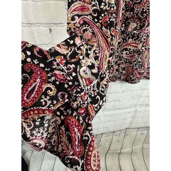 J.JILL black pink paisley rayon bishop sleeve frill swing blouse top L NWOT - Picture 9 of 9